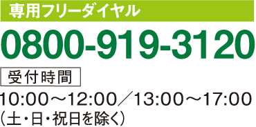 専用フリーダイヤル 0800-919-3120　受付時間 10:00〜12:00／13:00〜17:00（土・日・祝日を除く）